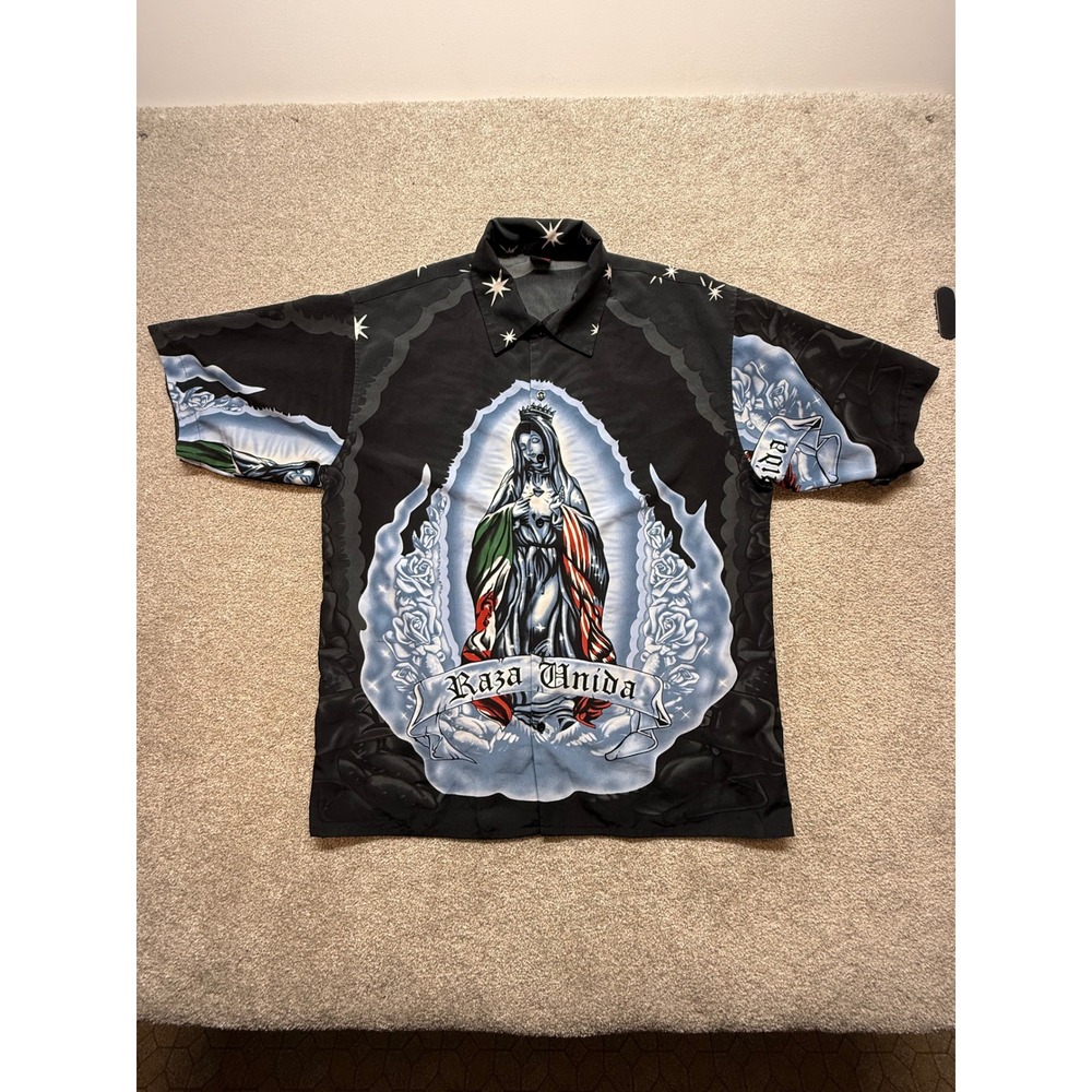 AND Raza Unida Virgin Mary Flag Graphic Button Up‎ Shirt Black Mens Large